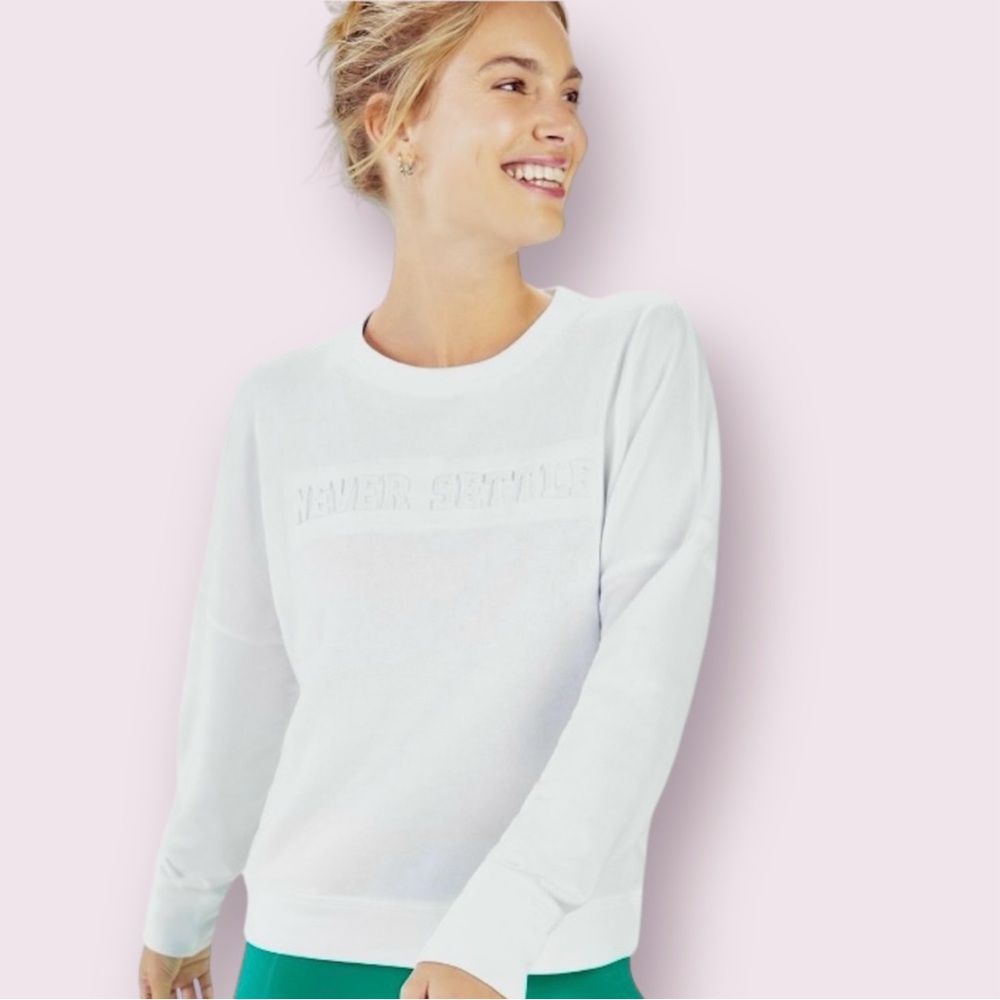Fabletics Stacey “Never Settle” Pullover White French Terry Top/Sweatshirt L - Picture 7 of 9